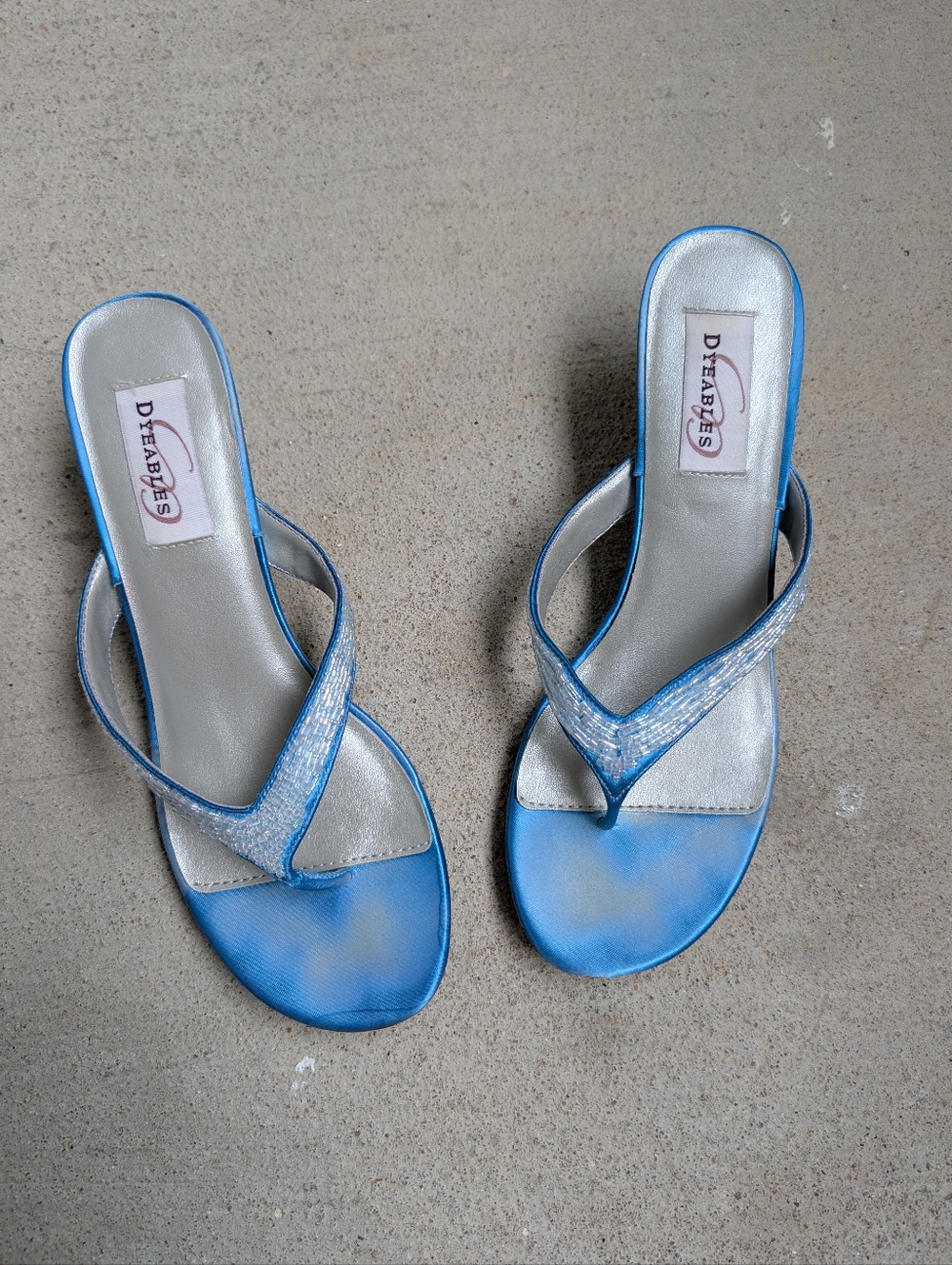 Y2K Dyeables Blue Metallic Thong Sandals Slide Slip-on Satin Beaded